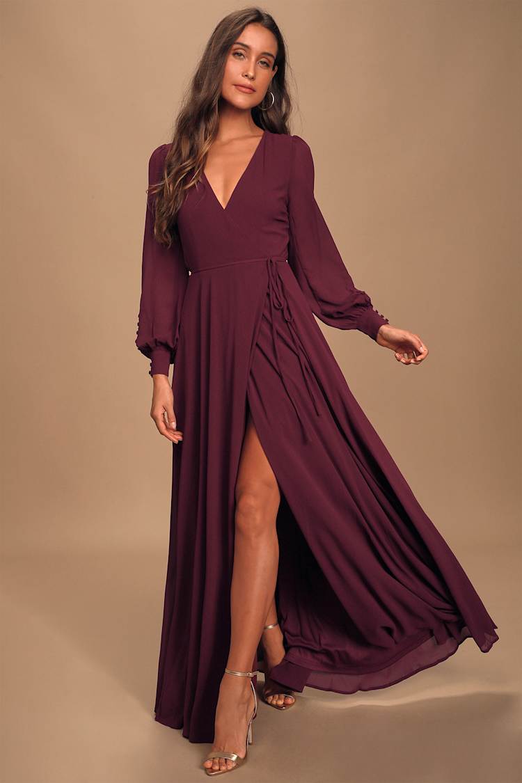 Deep Plum Long Sleeve Wrap Dress With High Slit — Plum Dress