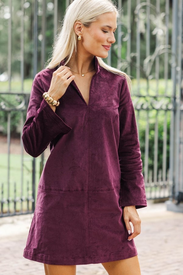 Deep Plum Corduroy Shift Mini Dress — Plum Dress