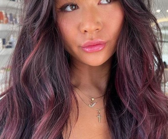 50 Hair Colours Ideas That Are Trending Now : Plum + Bangs + Layers
