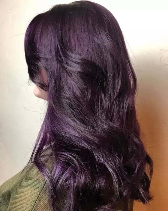 Mid-Back Deep Plum With Violet Undertones, Appearing Thick And Wavy Mid-Back Deep Plum With Violet Undertones, Appearing Thick And Wavy — Plum Hair Color