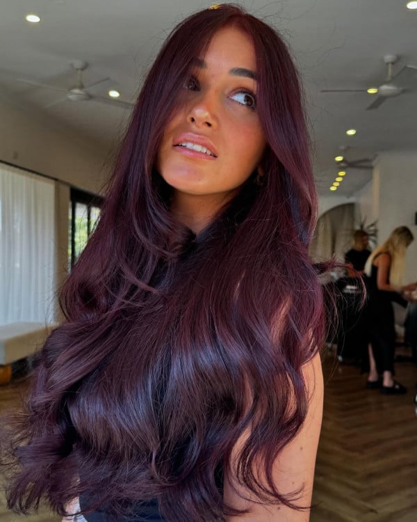 Mid-Back Length Deep Plum With Cherry Undertones Mid-Back Length Deep Plum With Cherry Undertones — Plum Hair Color