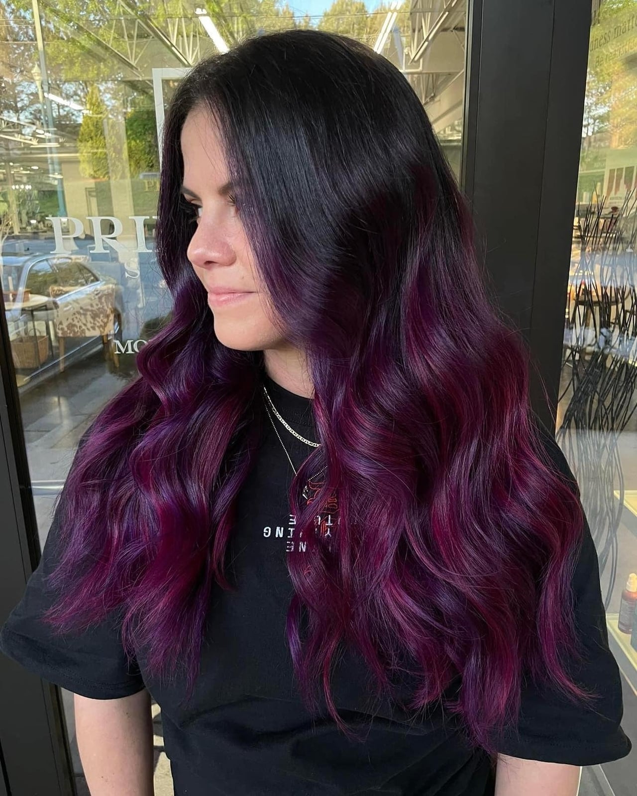 Mid-Back Dark Base With Plum Balayage, Close-Up Take Mid-Back Dark Base With Plum Balayage, Close-Up Take — Plum Hair Color
