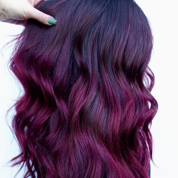 Mid-Back Dark Base With Red-Purple Balayage, Wavy Mid-Back Dark Base With Red-Purple Balayage, Wavy — Plum Hair Color