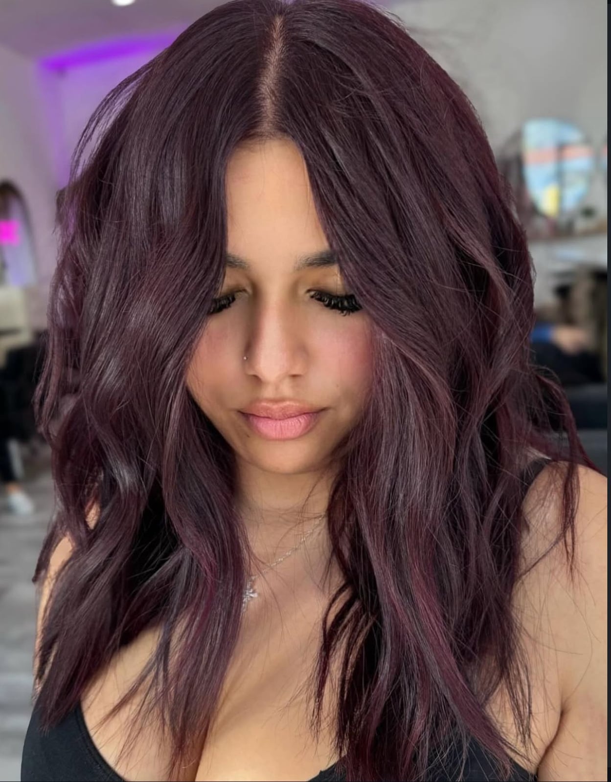 Mid-Back Dark Base With Plum Highlights, Wavy Mid-Back Dark Base With Plum Highlights, Wavy — Plum Hair Color
