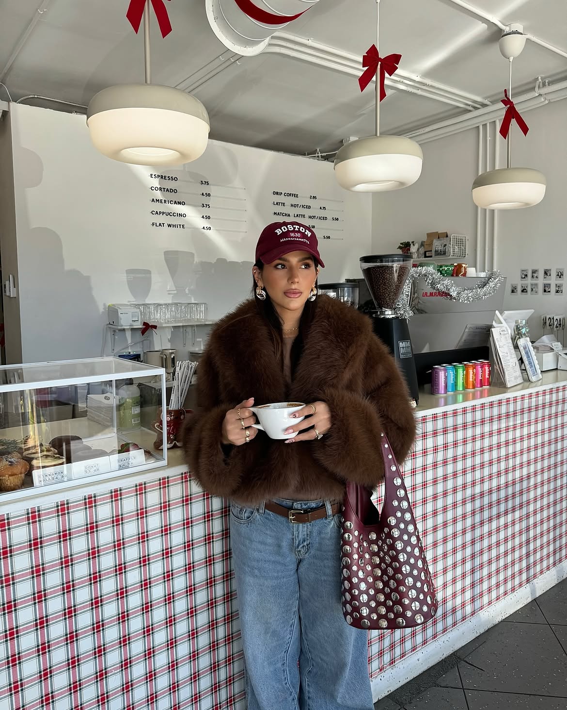 Plush Faux Fur Jacket With Studded Burgundy Shoulder Bag