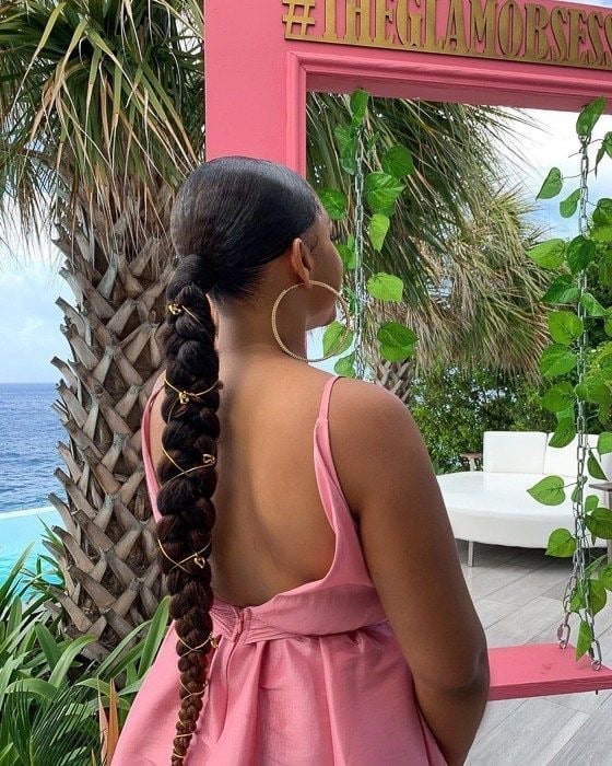 Black Braided Ponytail With Gold Beads Black Braided Ponytail With Gold Beads — Pony Hairstyles