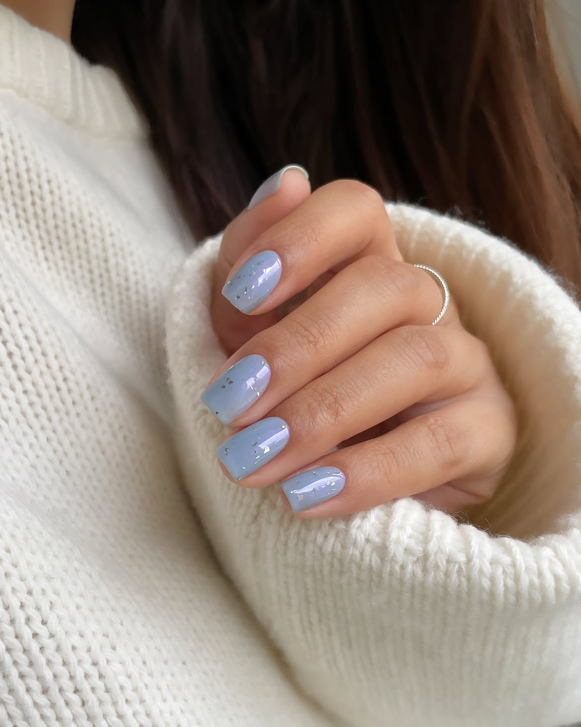 Powdery Blue Glitter Accent Square Nails