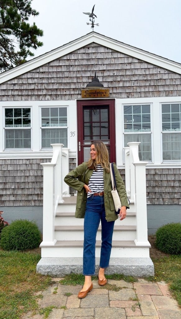 Utility Jacket Over Striped Tee with Jeans Utility Jacket Over Striped Tee with Jeans — Preppy Outfits