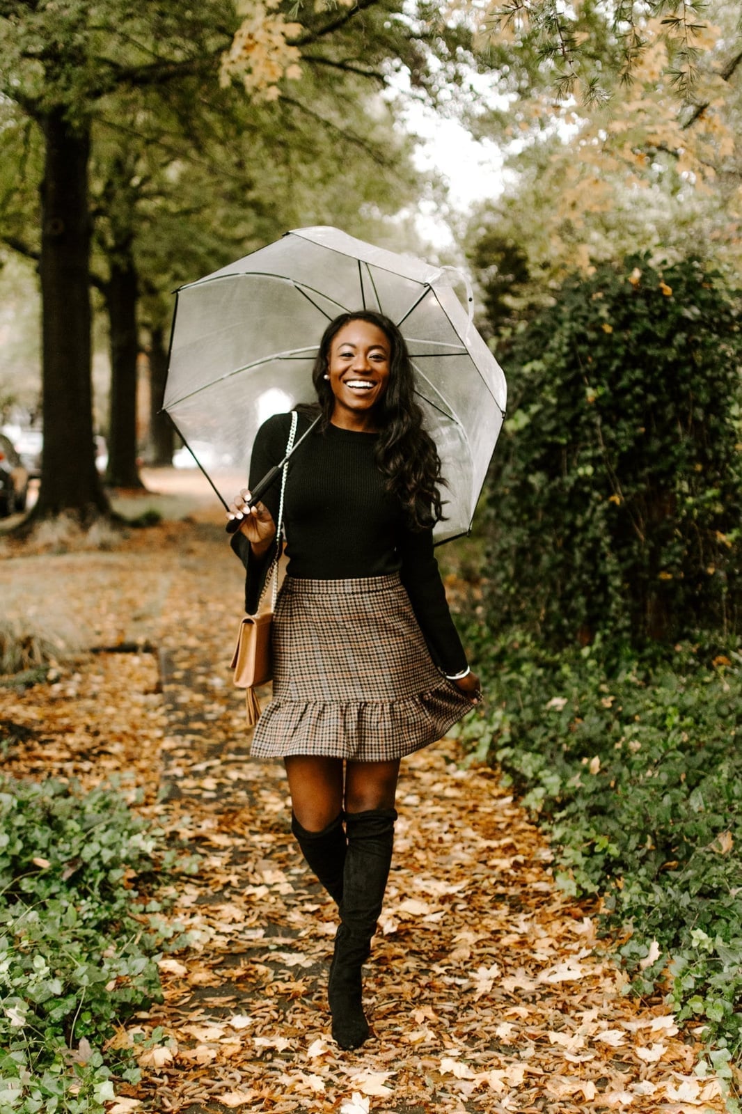 Long-sleeve Top with Plaid Ruffled Skirt and Tall Boots Long-sleeve Top with Plaid Ruffled Skirt and Tall Boots — Preppy Outfits
