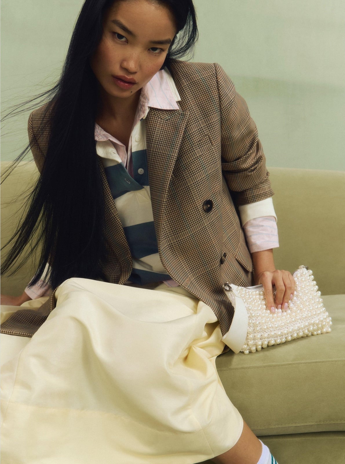 Plaid Blazer with Striped Polo and Midi Skirt Plaid Blazer with Striped Polo and Midi Skirt — Preppy Outfits