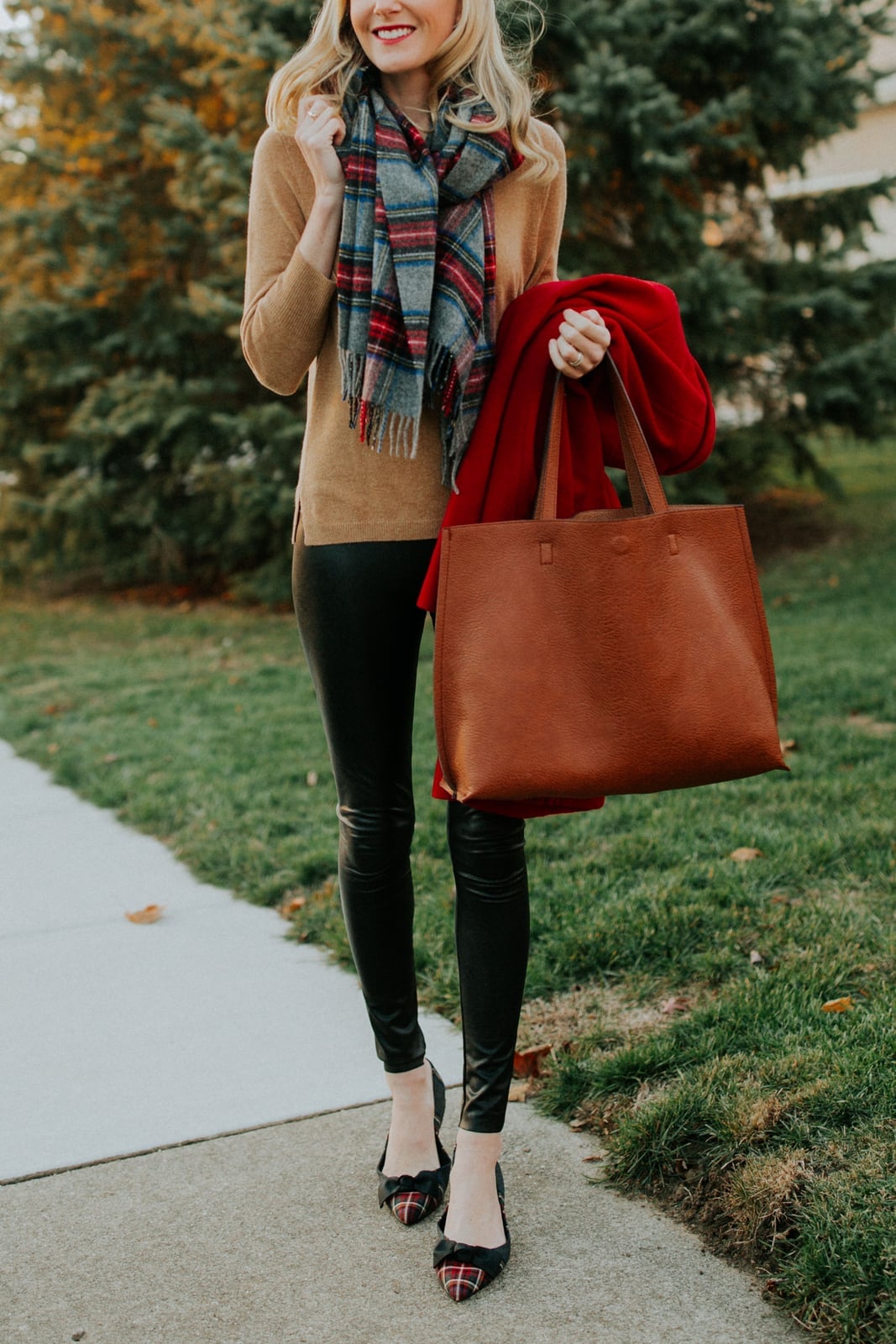 Sweater with Plaid Scarf and Red Coat Sweater with Plaid Scarf and Red Coat — Preppy Outfits