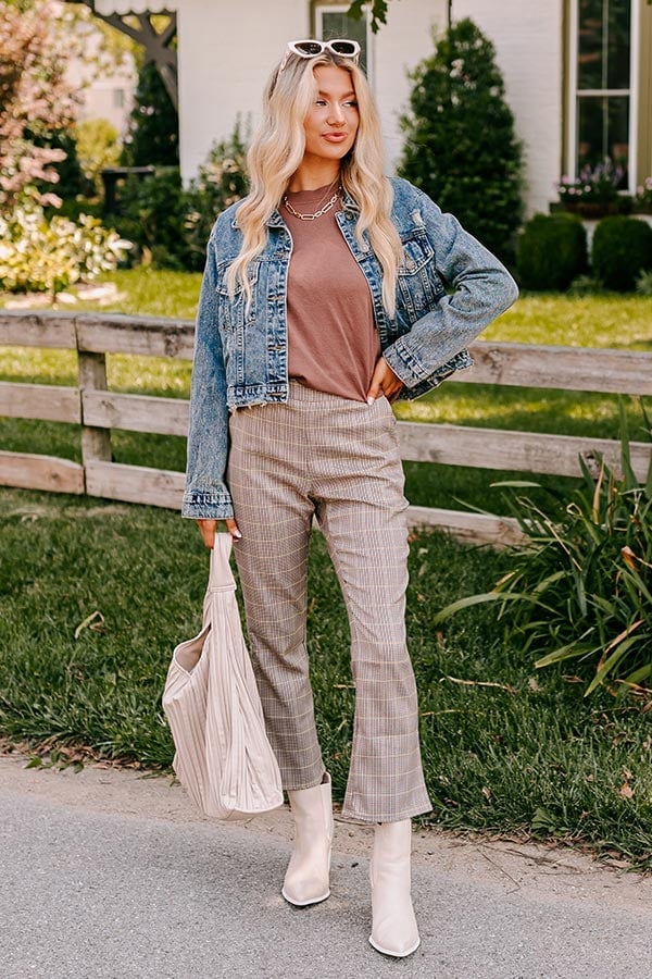 Distressed Denim Jacket with Plaid Flared Trousers Distressed Denim Jacket with Plaid Flared Trousers — Preppy Outfits