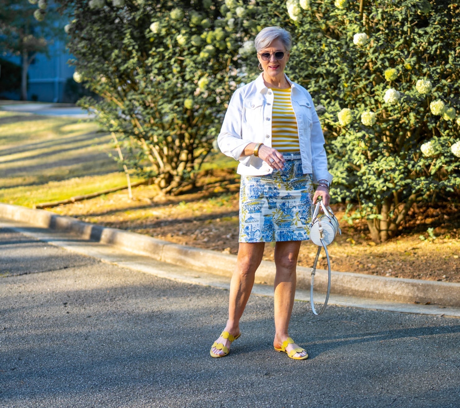 Denim Jacket with Striped Tee and Patterned Skirt, Close-Up Take Denim Jacket with Striped Tee and Patterned Skirt, Close-Up Take — Preppy Outfits