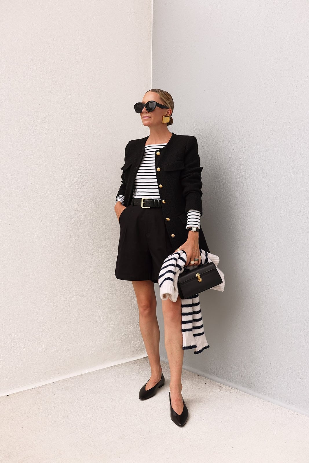 Textured Blazer with Striped Shirt and Shorts Textured Blazer with Striped Shirt and Shorts — Preppy Outfits
