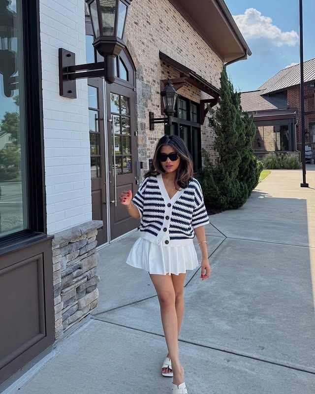 Striped Cardigan with Pleated Skirt for Summer Striped Cardigan with Pleated Skirt for Summer — Preppy Outfits