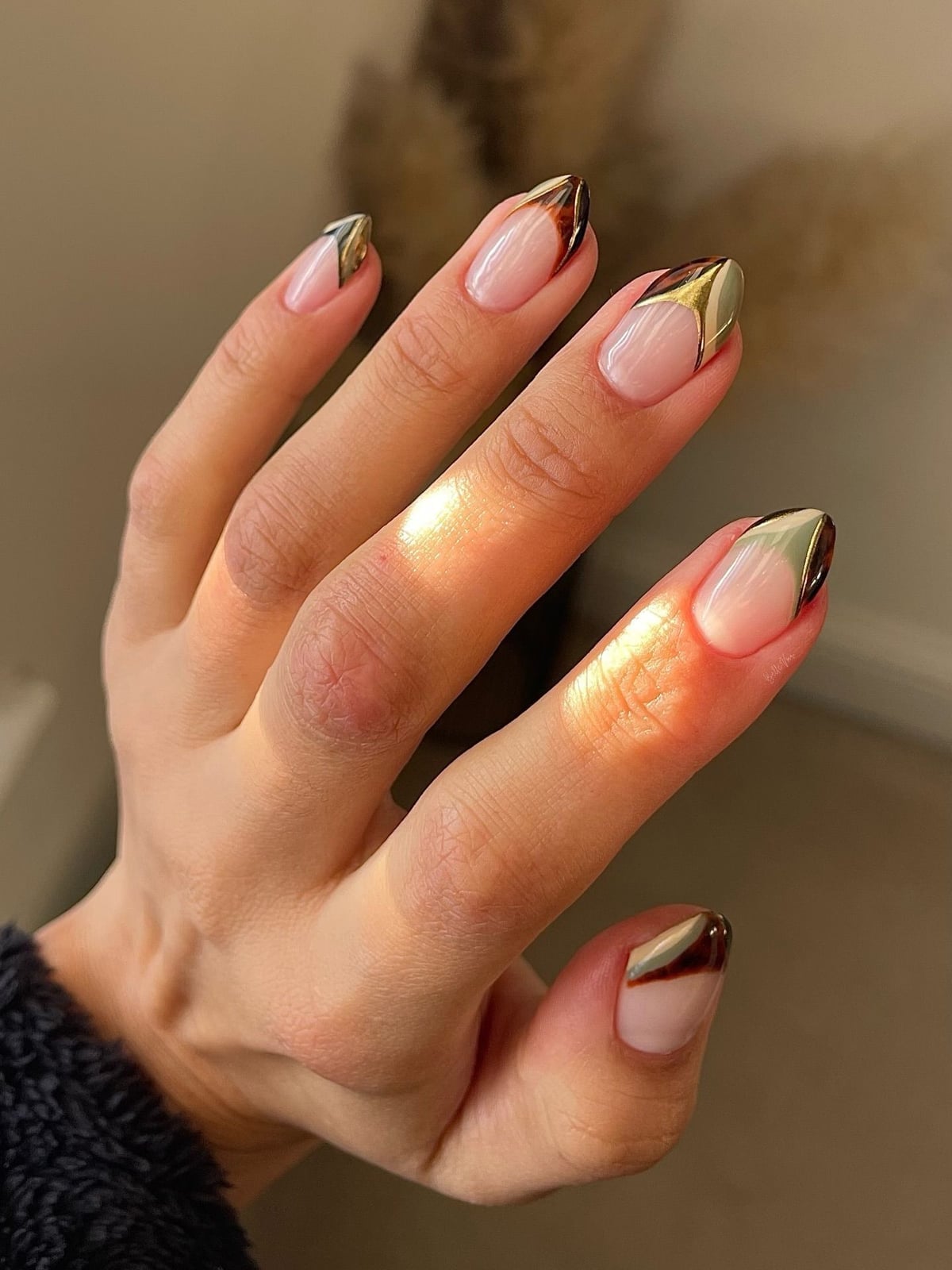 Metallic Geometric French Almond Nails Metallic Geometric French Almond Nails — Professional Nails