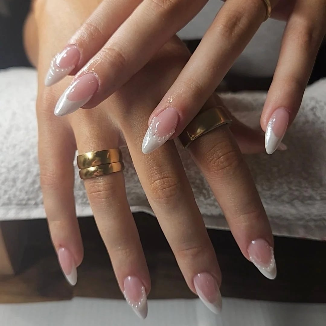 Sheer Pink White French Stiletto Nails Sheer Pink White French Stiletto Nails — Professional Nails