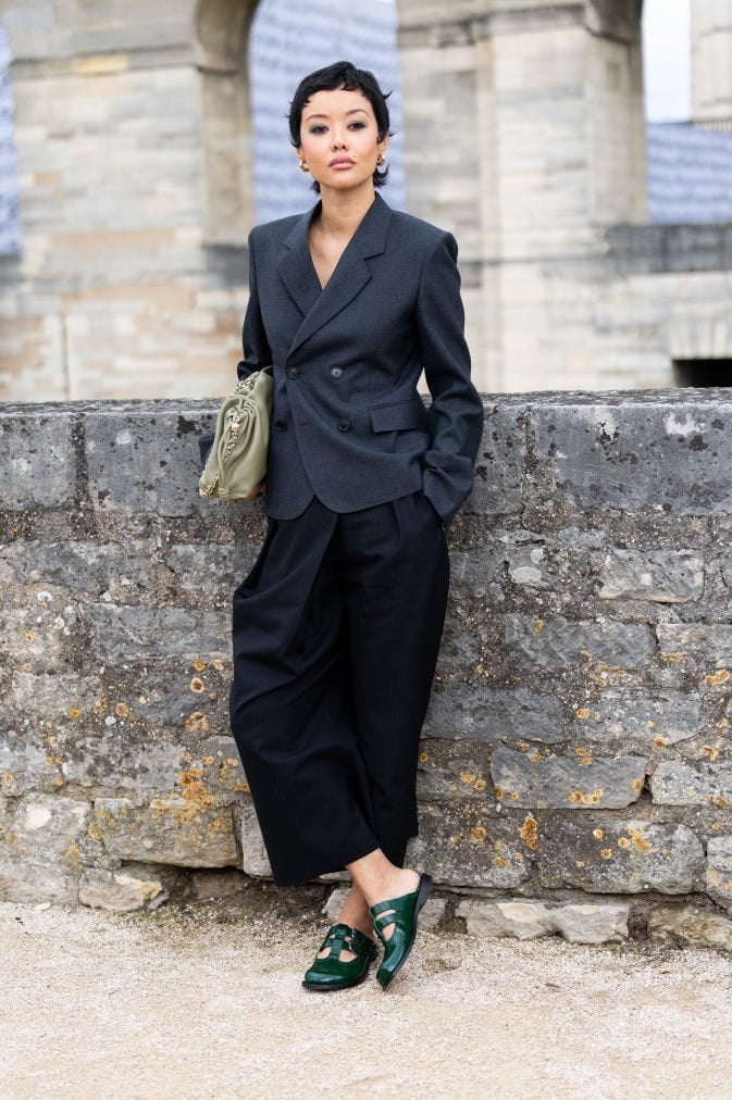 Dark Gray Double-Breasted Blazer with Green Mules — Professional Outfits