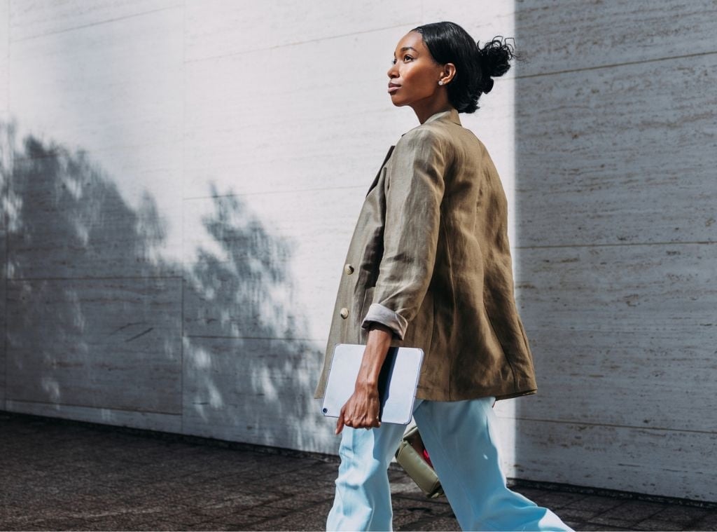 Brown Linen-Blend Blazer with Light Blue Trousers — Professional Outfits