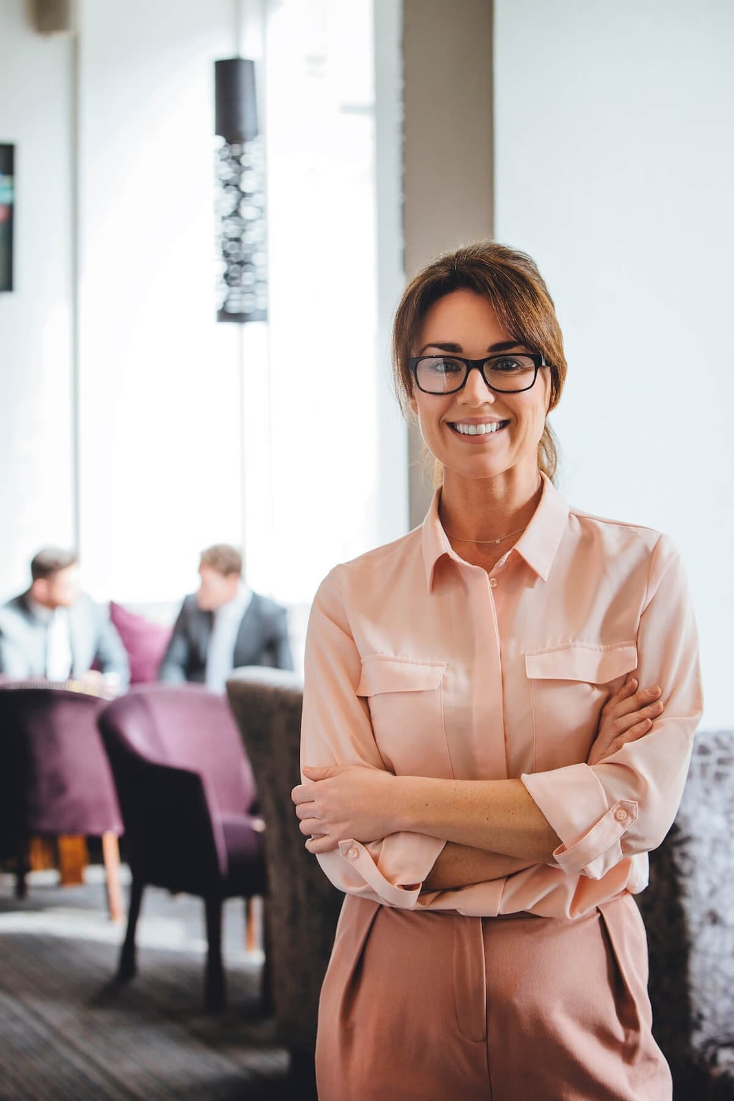 Pale Pink Satin Shirt with Peach Fitted Trousers — Professional Outfits