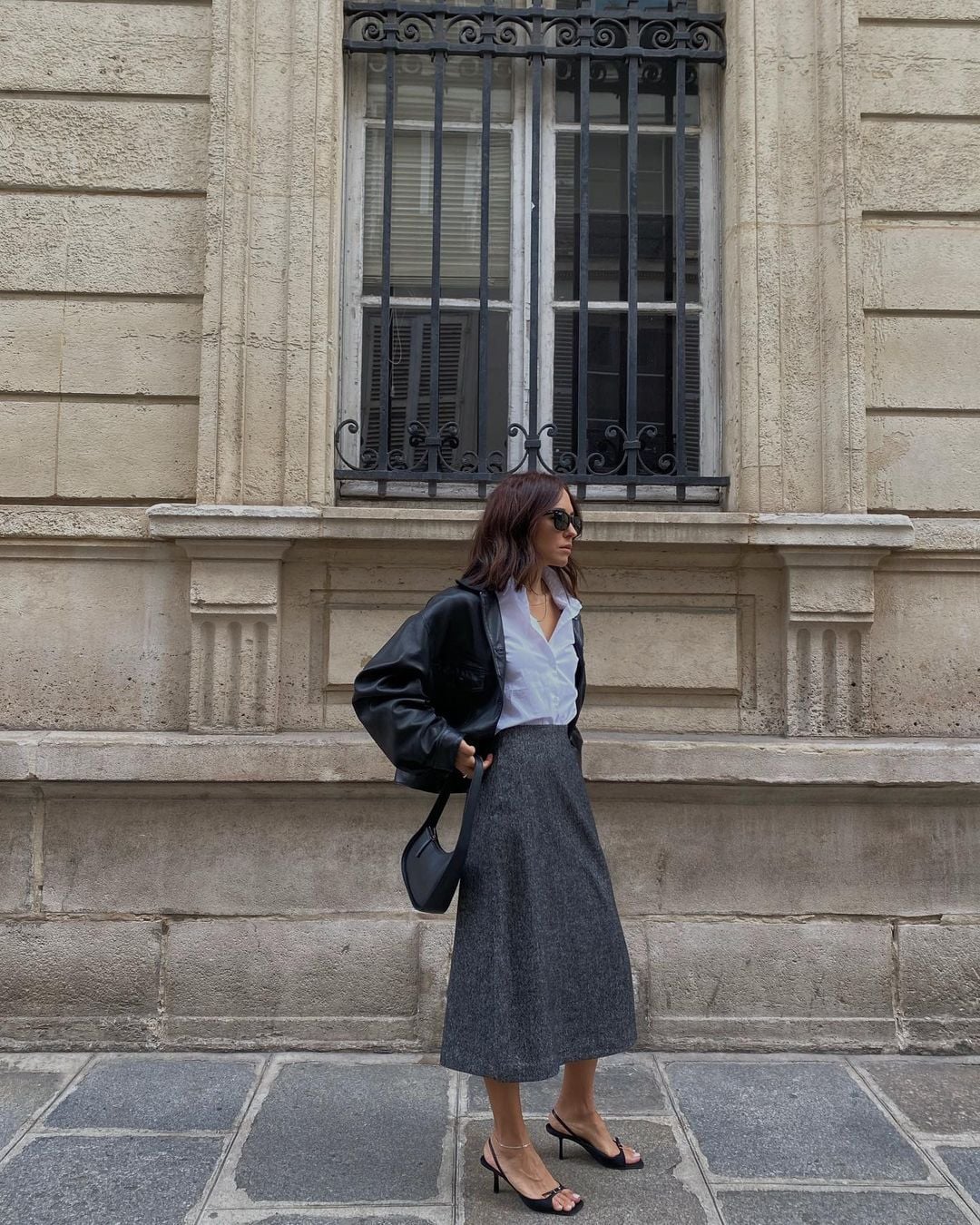 Black Leather Jacket with Tweed Midi Skirt — Professional Outfits