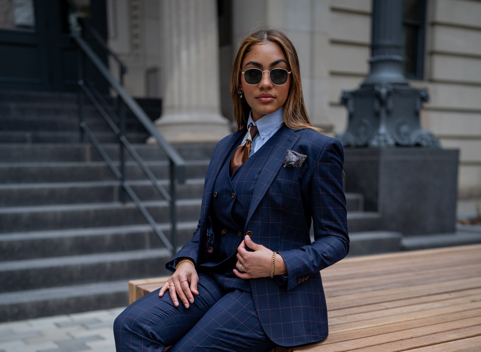 Navy Pinstripe Three-Piece Suit with Tie — Professional Outfits