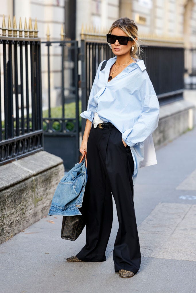 Oversized Light Blue Shirt with Black Wide-Leg Trousers — Professional Outfits