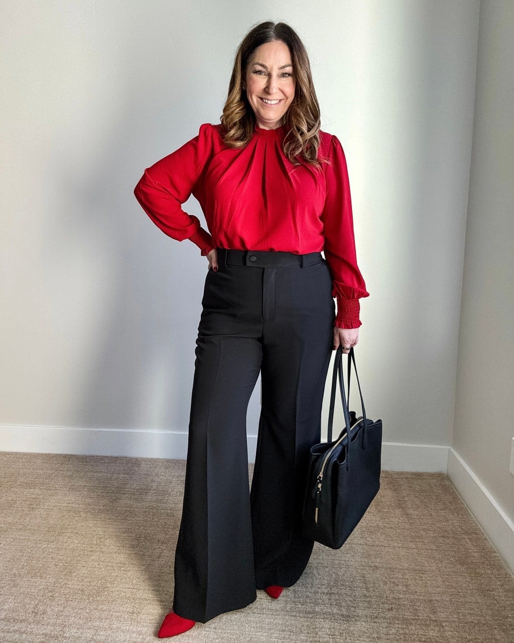 Red Voluminous Blouse with Black Wide-Leg Trousers — Professional Outfits