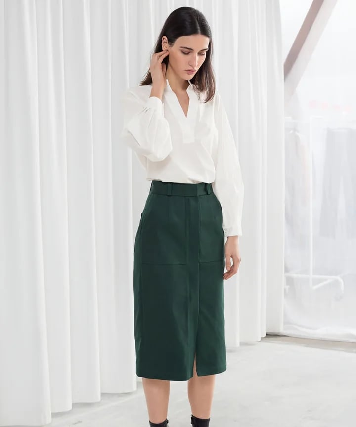 White Voluminous Sleeve Blouse with Dark Green Midi Skirt — Professional Outfits