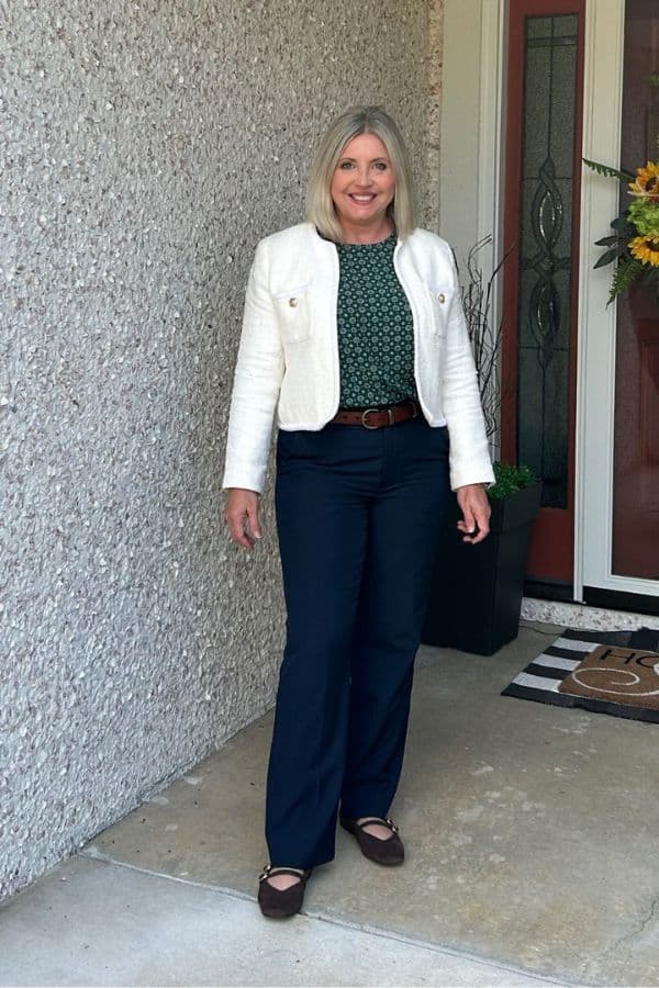 White Textured Blazer with Green Blouse and Navy Trousers — Professional Outfits