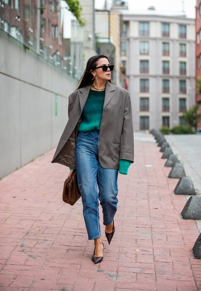 Gray Oversized Blazer with Green Sweater and Jeans — Professional Outfits