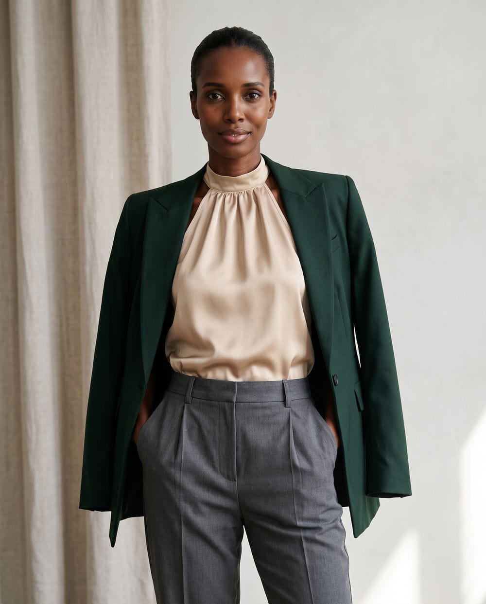 Dark Green Oversized Blazer with Silk Halter and Tailored Trousers — Professional Outfits