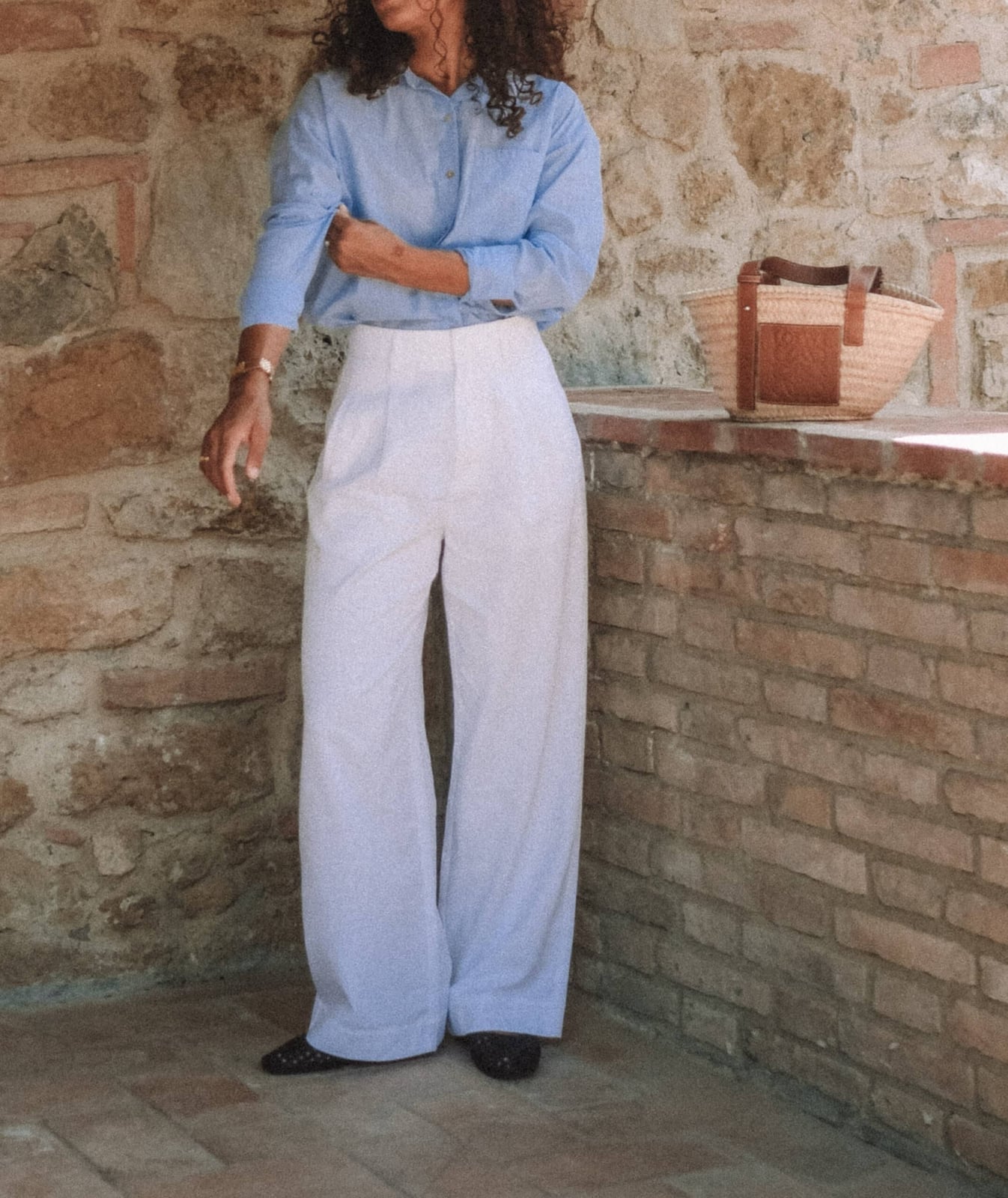 Light Blue Linen Shirt with White Wide-Leg Trousers, Watch — Professional Outfits