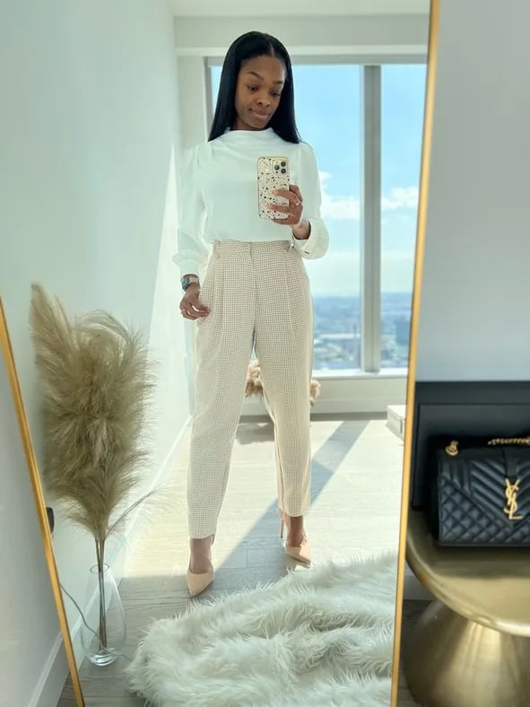 White Mock-Neck Blouse with Beige Houndstooth Trousers — Professional Outfits