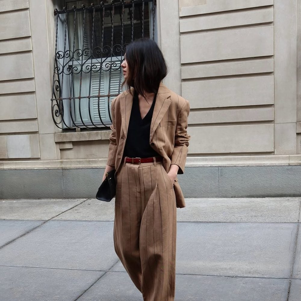 Camel Pinstripe Suit with Oversized Blazer and Red Belt — Professional Outfits