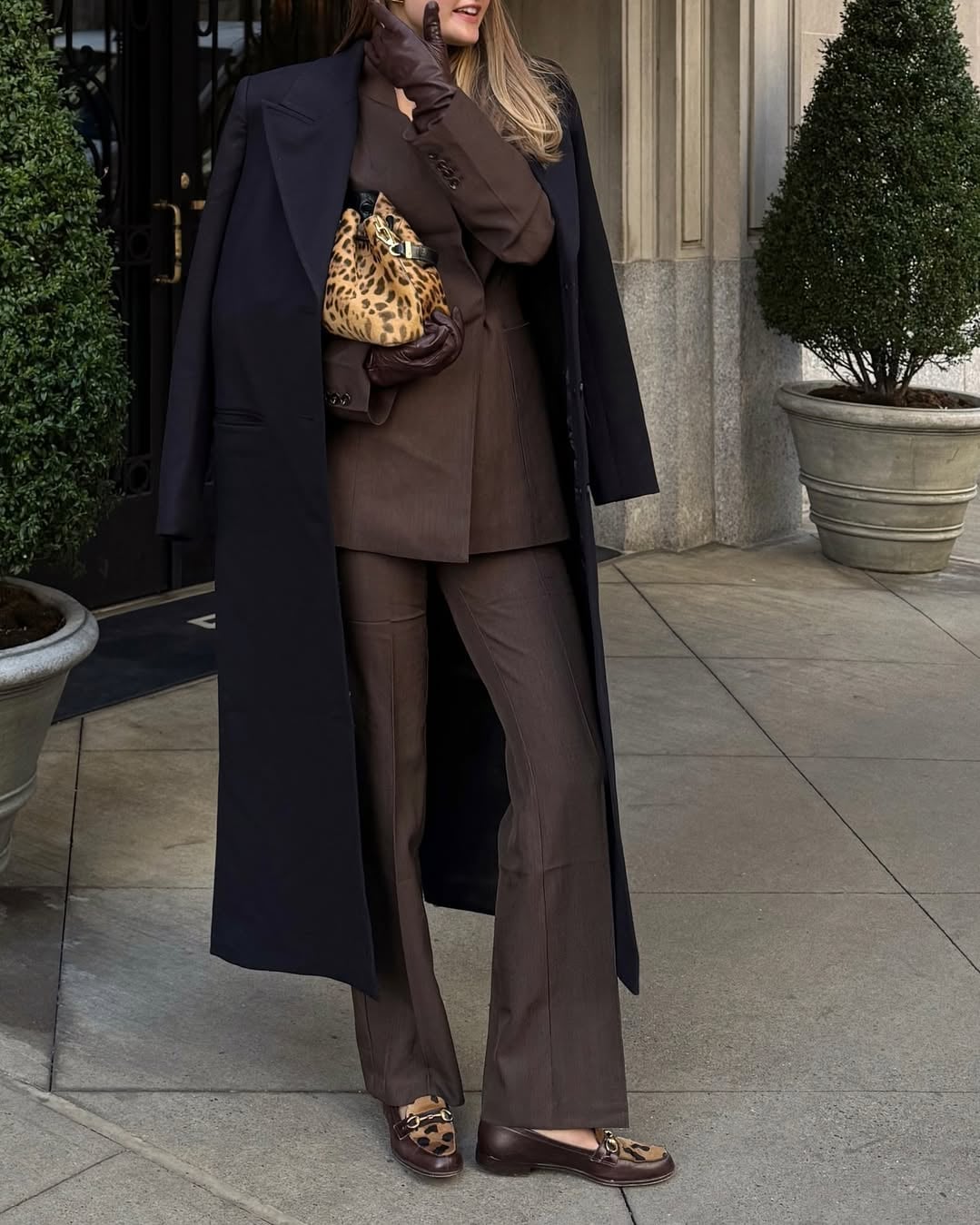 Brown Tailored Suit with Navy Coat and Leopard Print Bag — Professional Outfits