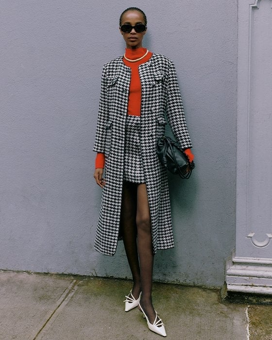 Houndstooth Coat and Mini Skirt Set with Red Turtleneck — Professional Outfits