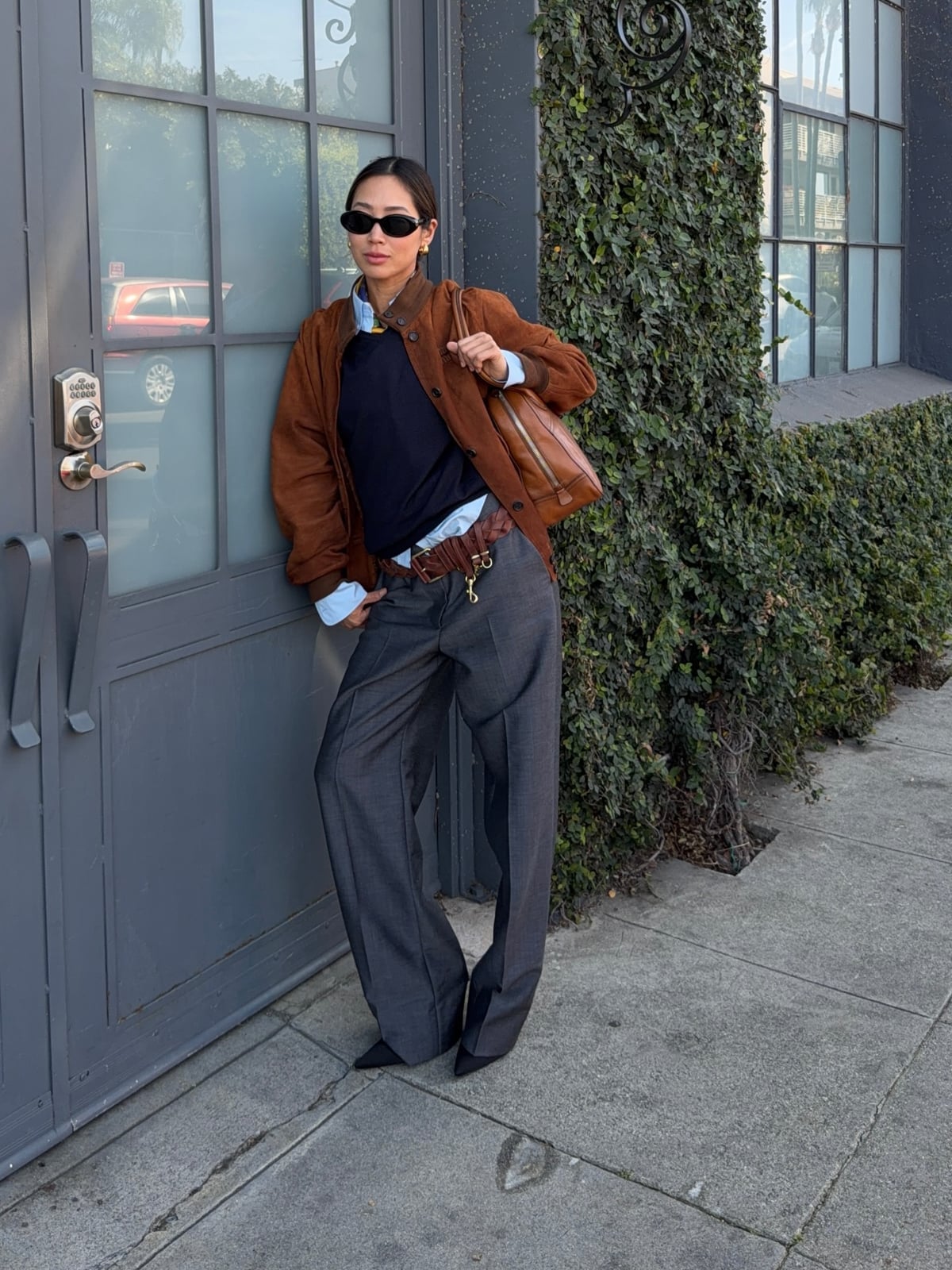 Brown Suede Bomber Jacket with Wide-Leg Trousers — Professional Outfits