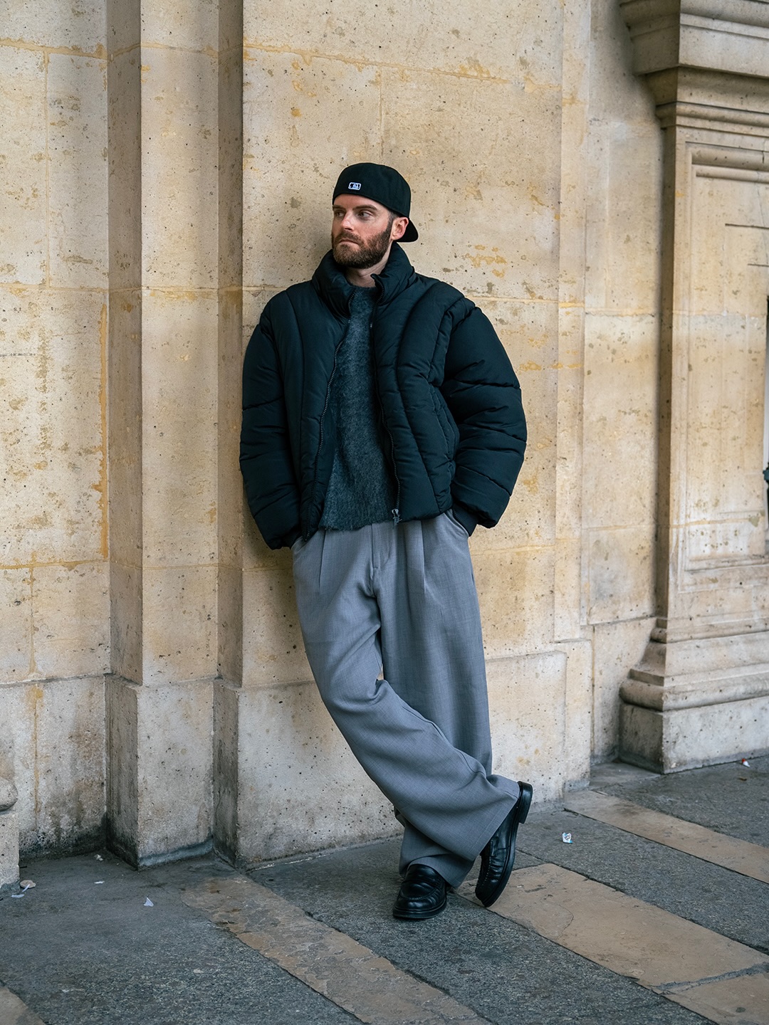 Puffer Jacket With Wide Leg Trousers Street Style