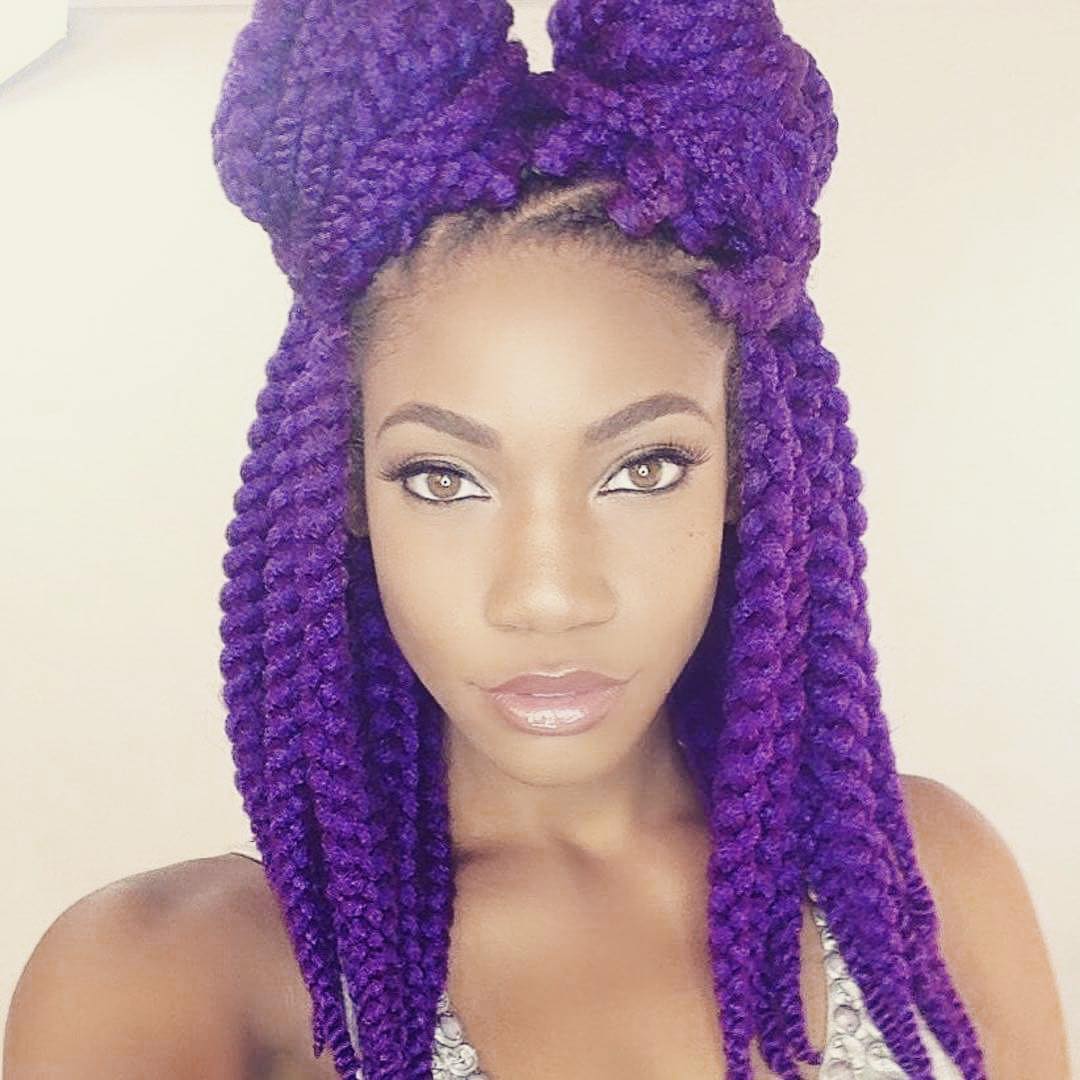 Mid-Back Braids Styled Into Double Buns Mid-Back Braids Styled Into Double Buns — Purple Braids