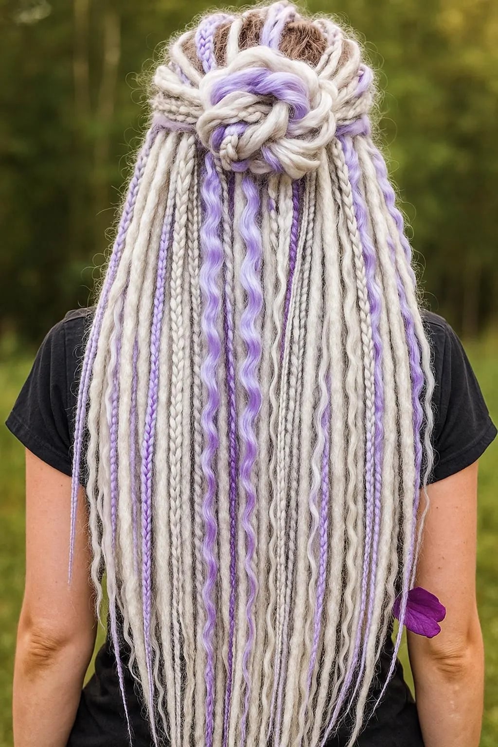 Mid-Back Dreadlocks In Ash Blonde And Purple Updo Mid-Back Dreadlocks In Ash Blonde And Purple Updo — Purple Braids