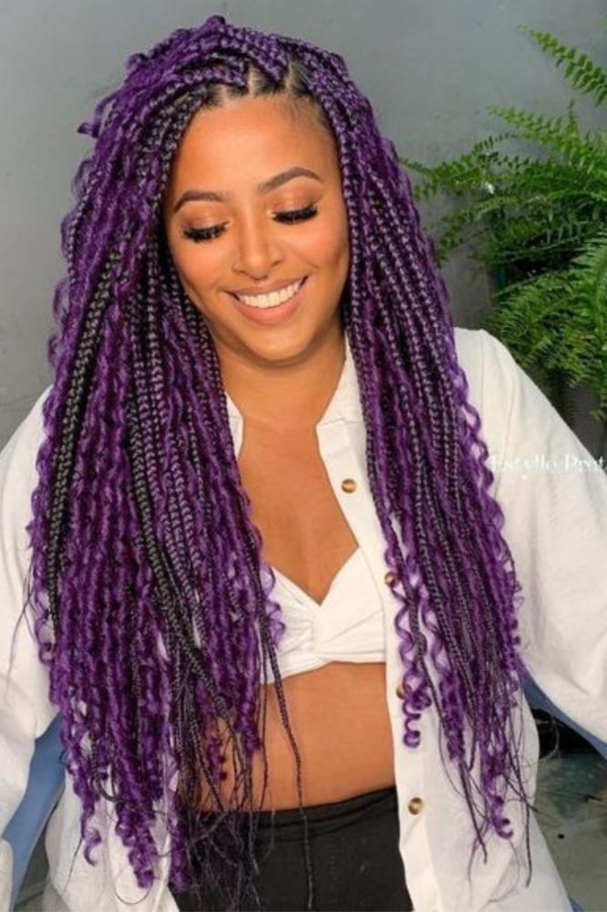 Mid-Back Box Braids With Deep Purple And Curly Ends Mid-Back Box Braids With Deep Purple And Curly Ends — Purple Braids