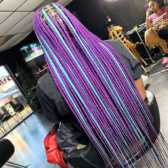 Mid-Back Box Braids With Purple And Blue Streaks, Straight Mid-Back Box Braids With Purple And Blue Streaks, Straight — Purple Braids