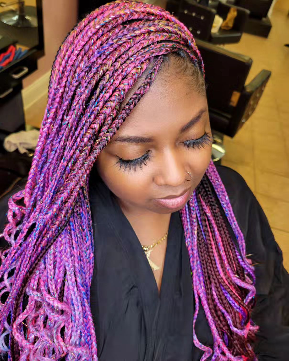 Mid-Back Box Braids In Pink, Purple, And Blue Mix Mid-Back Box Braids In Pink, Purple, And Blue Mix — Purple Braids