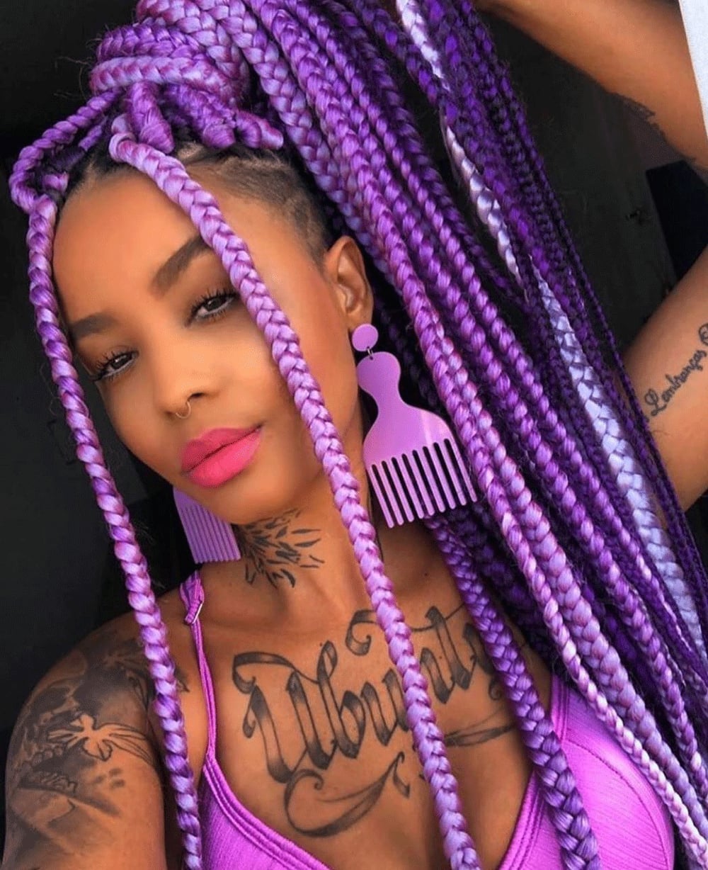 Mid-Back Box Braids With Purple Streaks Mid-Back Box Braids With Purple Streaks — Purple Braids