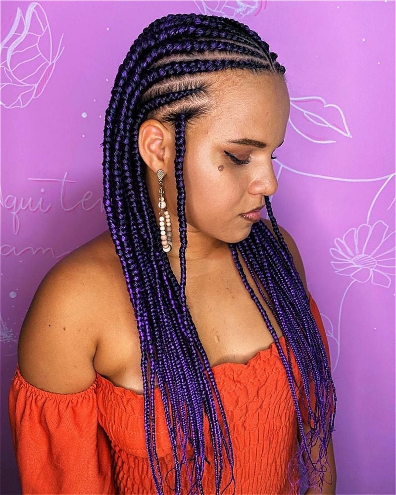 Mid-Back Cornrows Transitioning To Purple Braids Mid-Back Cornrows Transitioning To Purple Braids
