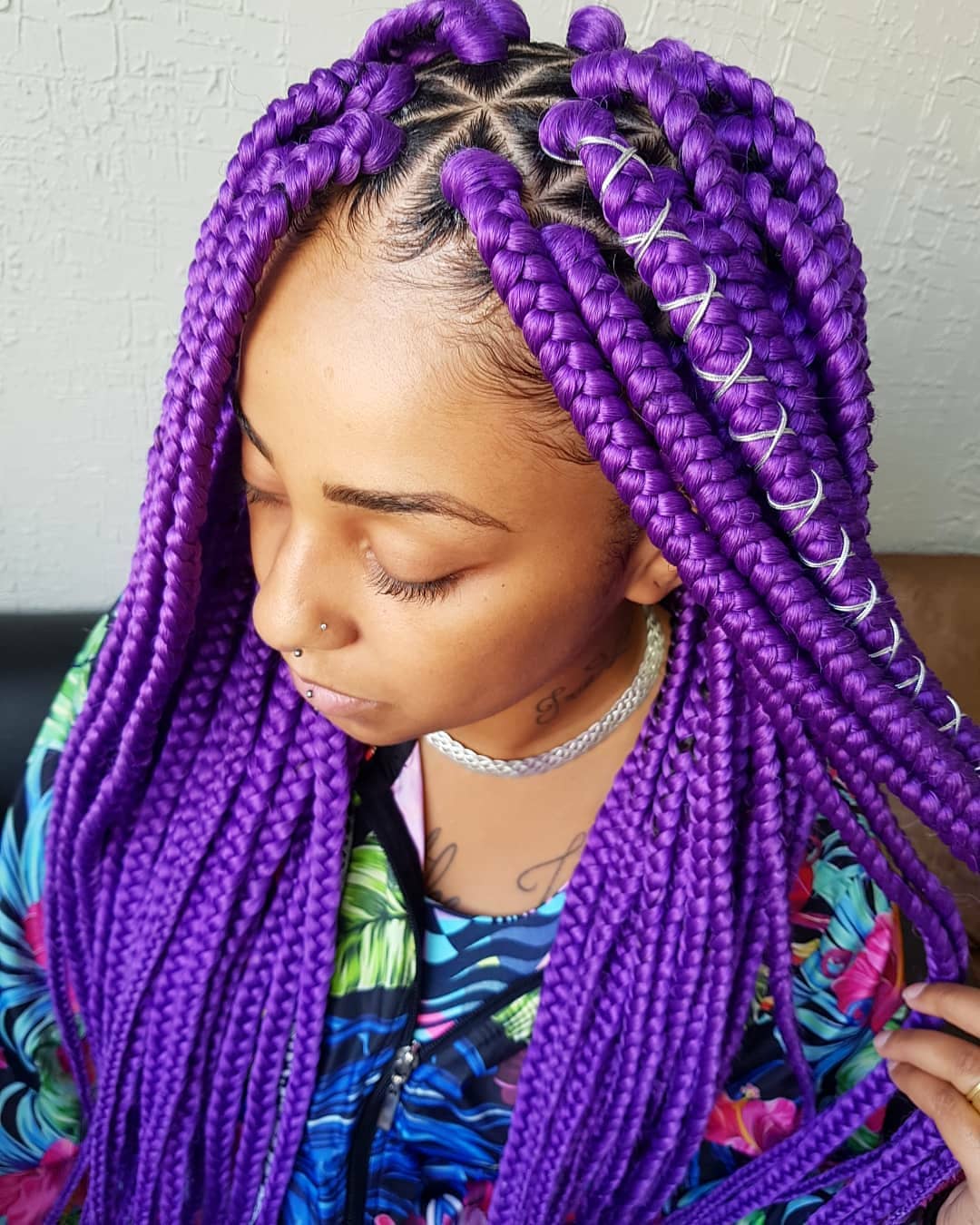 Shoulder-Length Box Braids With Silver Accents Shoulder-Length Box Braids With Silver Accents — Purple Braids