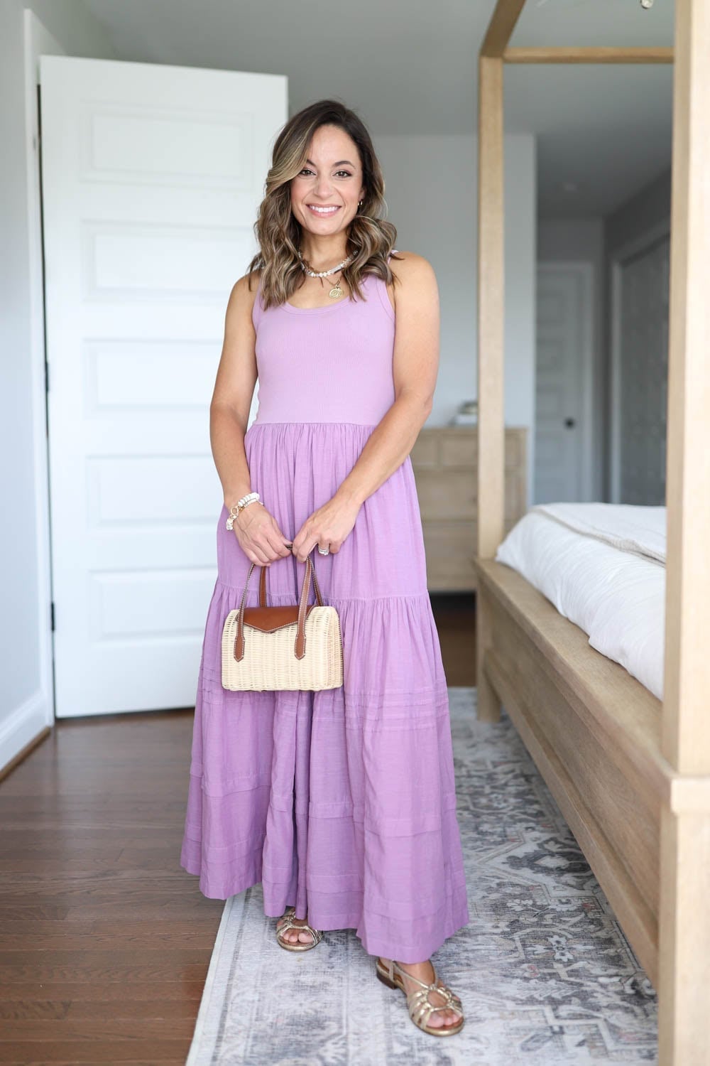 Lavender Tiered Midi Dress With Gold Sandals Lavender Tiered Midi Dress With Gold Sandals — Purple Outfits