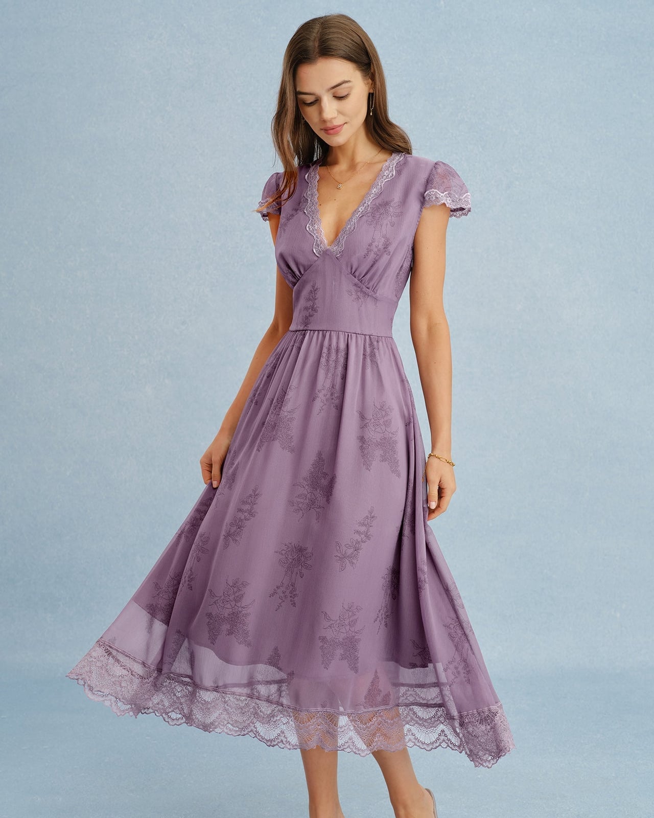 Lavender Lace Trim Midi Dress Lavender Lace Trim Midi Dress — Purple Outfits