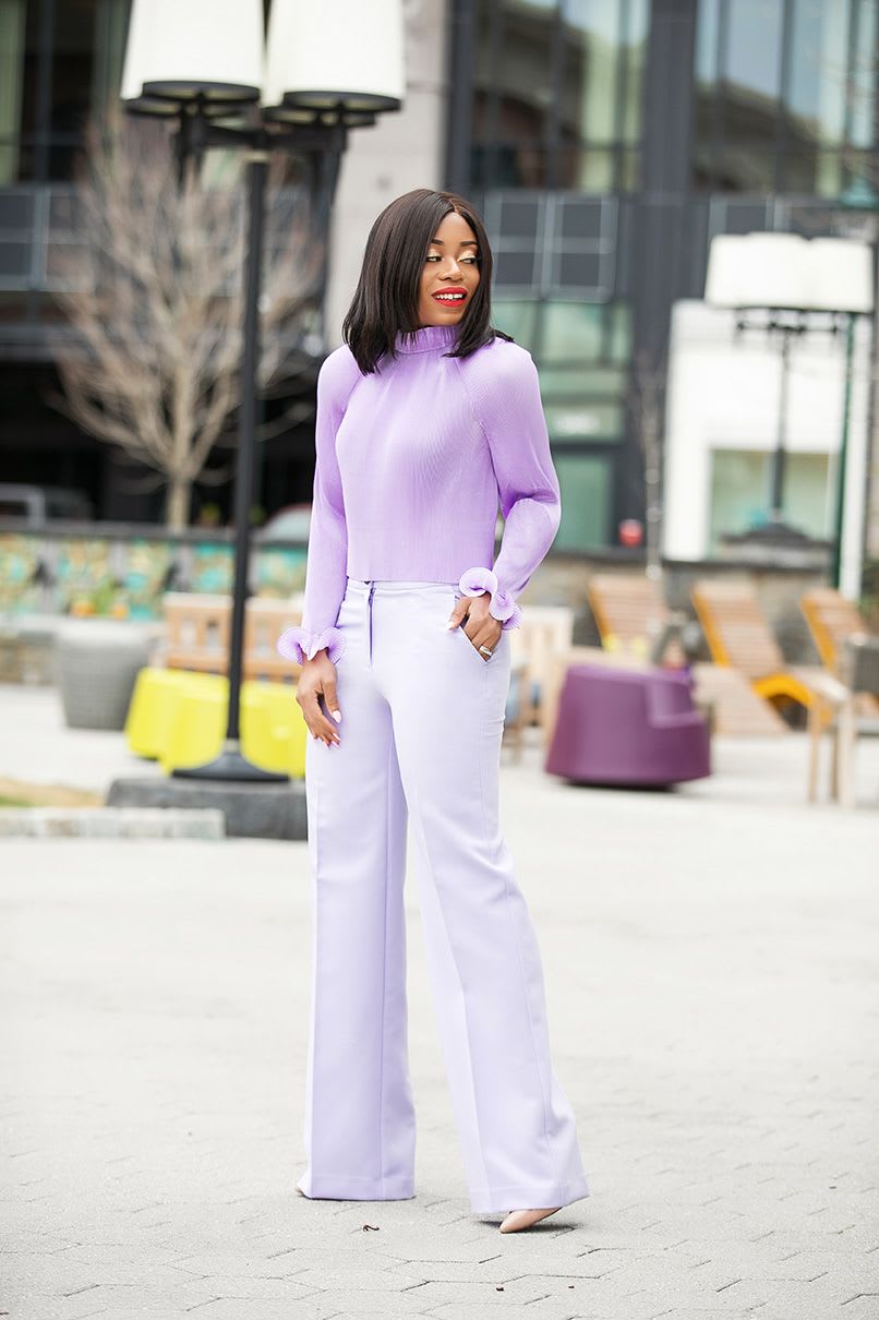 Lavender Mock Neck Top And Wide-Leg Pants Lavender Mock Neck Top And Wide-Leg Pants — Purple Outfits